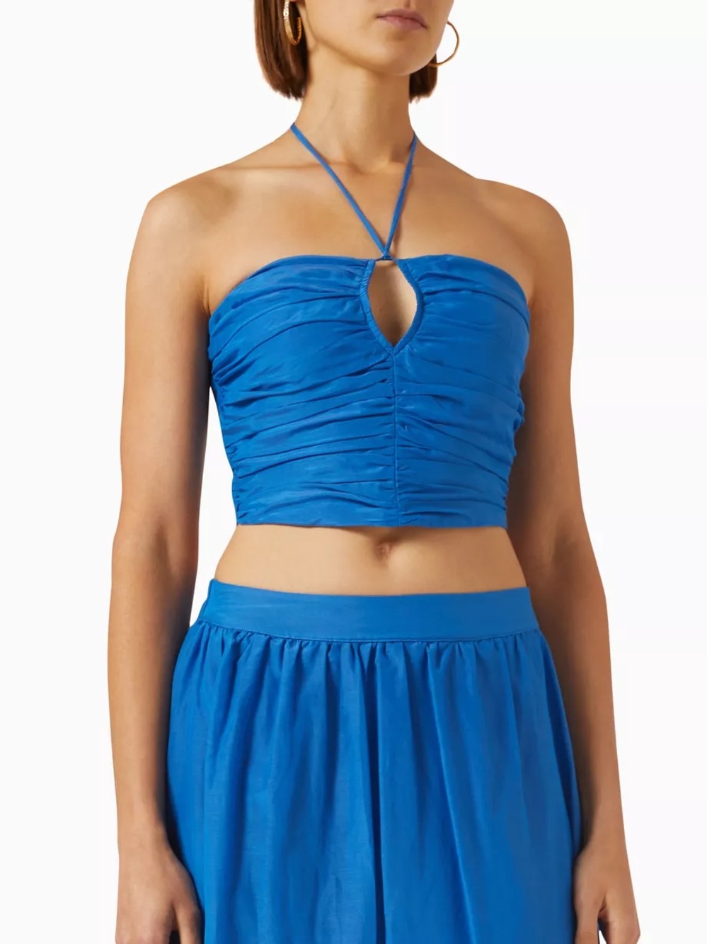 Bird & Knoll || Dita Halter Neck Top in Cotton-Voile Silk Keyhole Pleated Blue M